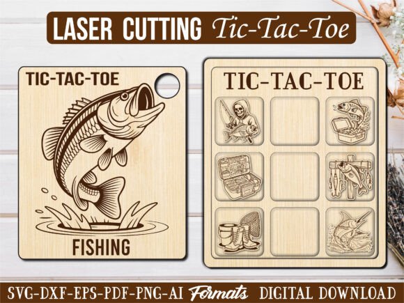 Base Fishing Tic Tac Toe Puzzle Game: Laser Engraving Graphics for Creative Sellers
