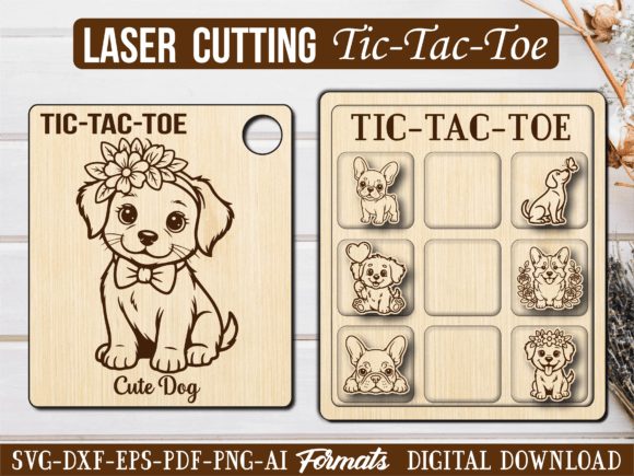 Cute Floral Dog Tic Tac Toe Puzzle Game: A Charming Graphics Design for Laser Engraving Projects