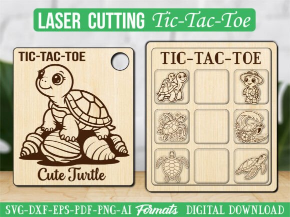 Cute Sea Turtle Tic Tac Toe Puzzle Game – Playful Graphics for Local Branding & Laser Engraving Projects