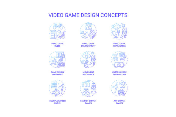 Video Game Design Concept Icons Set: Modern Graphics & Icons for Dynamic Branding