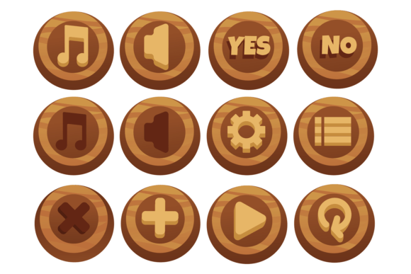 Wooden Button Game Menu Set. Cartoon UI Graphics for Playful Branding